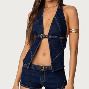Edikted Dark Blue Denim Halter Top and Shorts Set